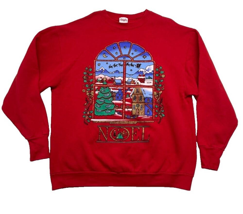 Vintage Holiday Time Womens XL Christmas Red Noel Sweatshirt Santa Glitter